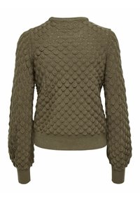 Maglione verde oliva con un motivo testurizzato a scaglie, maniche lunghe e voluminose, e orlo e scollatura a coste. Il materiale sembra morbido.