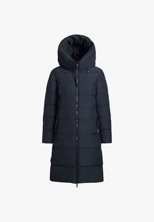 Námořnická pufová bunda s velkou kapucí, vertikálním prošíváním, předním zapínáním na zip a bočními kapsami se zipovými detaily.