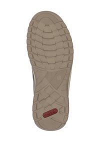 Light gray rubber sole with textured surface, featuring a grid pattern and a red "rieker" logo, designed for grip and traction.