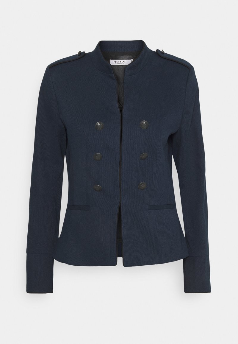 Blazer bleu marine pour femme avec col montant, boutons noirs double boutonnage, épaulettes aux épaules et deux poches fentes à l'avant.