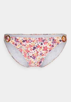 Blomstrete bikiniunderdel med en rekke fargerike blomster på en lys bakgrunn, med dekorative sirkulære detaljer på sidene.
