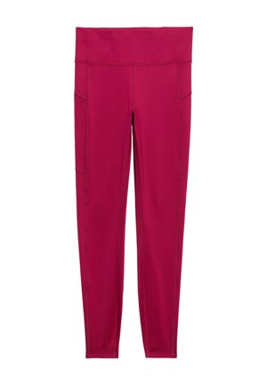 Lyserøde leggings med høj talje, sidelommer og synlige syninger, vist fladt på en hvid baggrund.