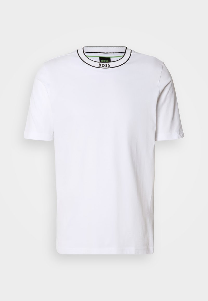 Weißes Kurzarm-T-Shirt mit einem schwarz-grünen gerippten Rundhalsausschnitt. Verfügt über eine dezente Textur, keine Muster und hat ein schlankes Design.