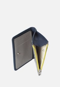RFID wallet in navy leather with a gray interior. Features a zip closure, three card slots, and a yellow zipper accent.