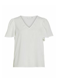 Blusa bianca a maniche corte con scollo a V. Presenta maniche a palloncino e una superficie liscia, con una vestibilità ampia e rilassata.