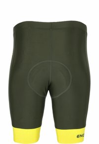 Miestne cyklistické šortky v tmavozelenej farbe s žltým pásom na spodnom okraji. Majú zosilnené švy a polstrovanú sedaciu časť pre pohodlie.