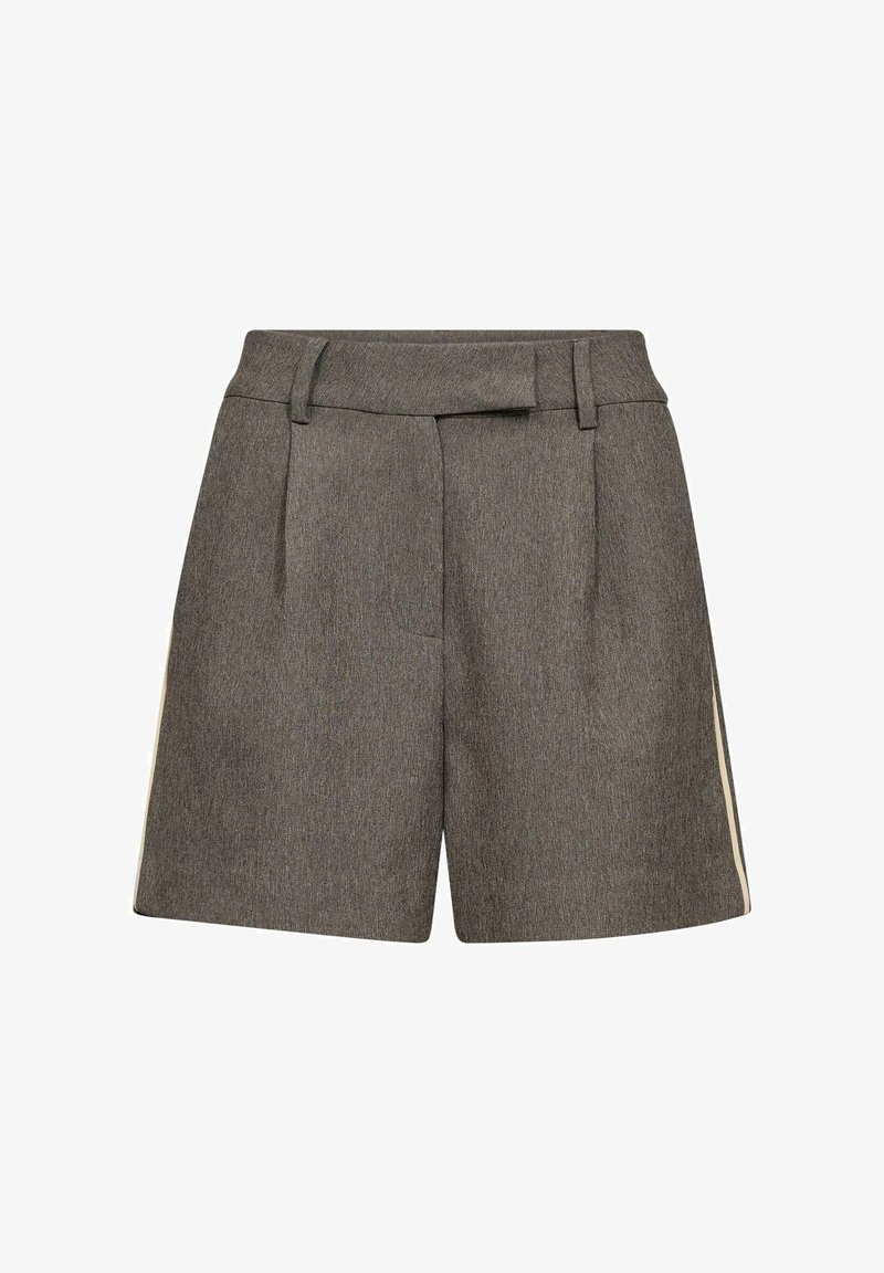 Szare, tkane krótkie spodenki o dopasowanym kroju, z plisowanym przodem, bocznymi kieszeniami i kontrastującymi białymi paskami po bokach.