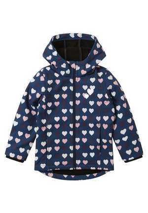 Mørkeblå jakke med hætte, prydet med et gentaget mønster af lyserøde, hvide og mørklilla hjerter. Lynlås lukning og elastiske manchetter.