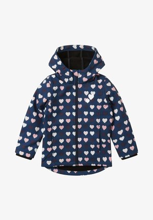 Marineblaue Jacke mit Kapuze, versehen mit einem sich wiederholenden Muster aus rosa, weißen und dunkelvioletten Herzen. Mit Reißverschluss und elastischen Bündchen.