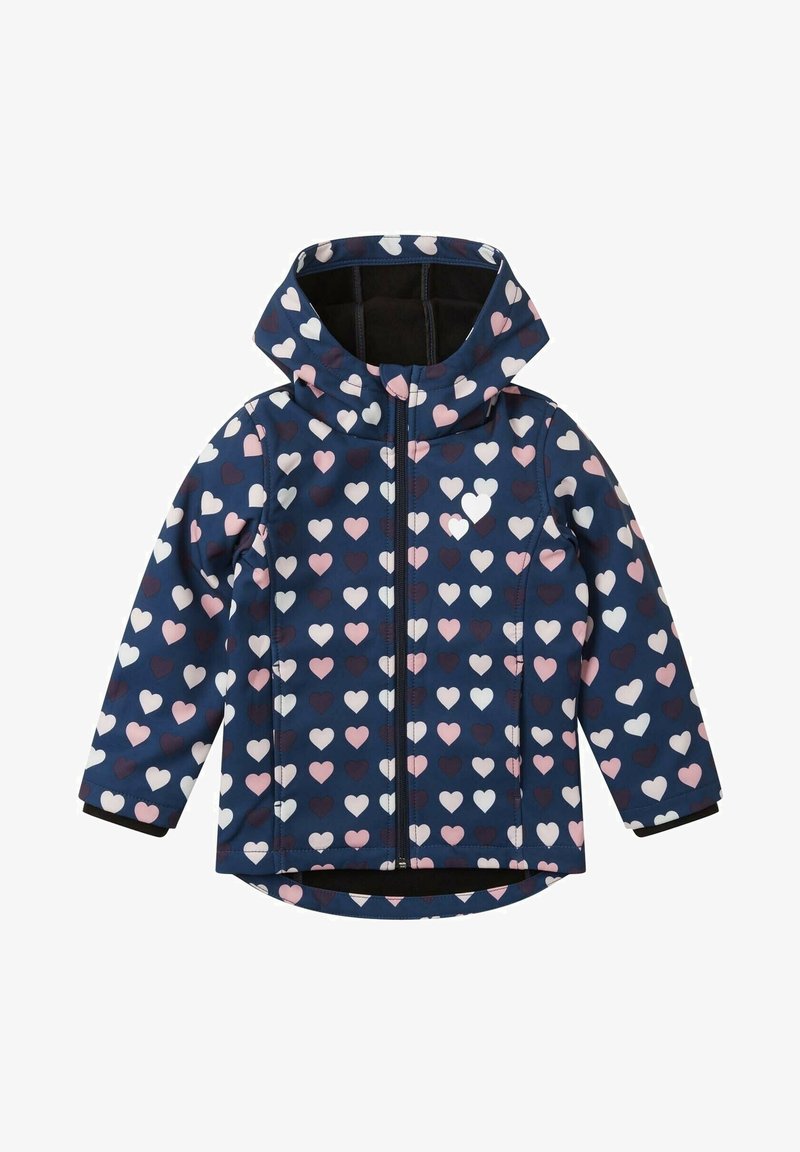 Veste bleu marine avec capuche, ornée d'un motif répétitif de cœurs roses, blancs et violets foncés. Fermeture éclair et poignets élastiques.