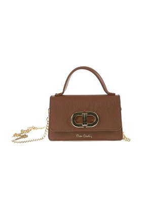 Bruine leren handtas met een gestructureerde vorm, gouden beslag, een kettingriem en een opvallende gesp aan de voorkant.