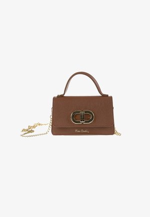 Braune Lederhandtasche mit strukturierter Form, goldfarbenen Beschlägen, einem Kettenriemen und einem auffälligen Schnallendetail auf der Vorderseite.
