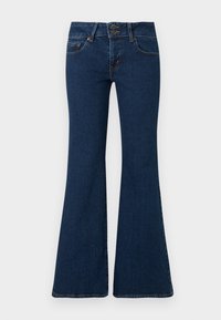 Mørkeblå trompetjeans lavet af denim, med lynlås og dobbelt knaplukning, forlommer og stikninger langs siderne.