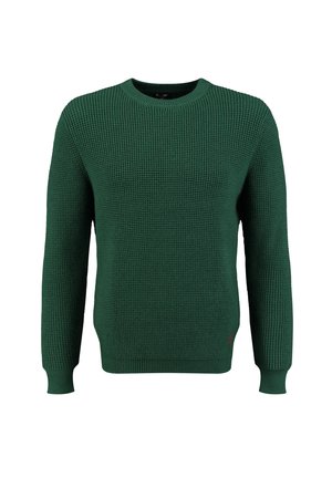 Pull en tricot vert avec un motif texturé, manches longues, et bords-côtes au niveau des poignets et de l�’ourlet. Petit accent logo rouge près du bas.