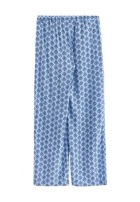 Pantaloni del pigiama blu con motivo a diamante. Realizzati in tessuto morbido con vita elasticizzata, presentano una stampa geometrica ripetuta.