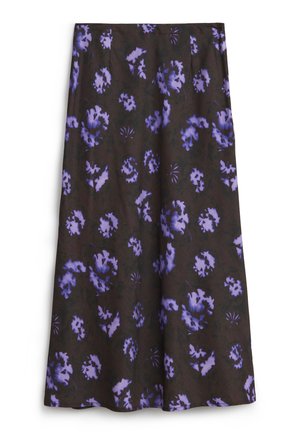 Bloemen midi rok van donkerbruin stof met grote paarse bloemen, een soepele textuur, een uitlopende pasvorm en discrete zijzakken.