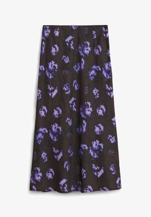 Gonna midi floreale in tessuto marrone scuro con grandi fiori viola, texture liscia, design svasato e tasche laterali discrete.