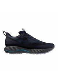 Zapatilla de running para hombre con parte superior de malla en un oscuro color navy, acentos negros texturizados, una entresuela gris acolchada y una franja color teal a lo largo del costado.