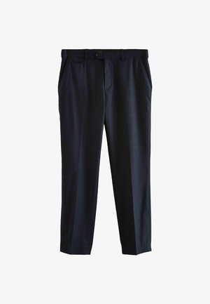 Dunkelblaues Dress-Hosenset aus glattem Stoff, mit geradem Bein-Design, Fronttaschen und einem einzelnen Knopfverschluss an der Taille.