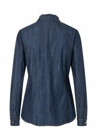 Camicia in denim blu scuro con maniche lunghe, colletto arricciato e polsini con bottoni. Presenta cuciture sottili lungo le cuciture e una vestibilità aderente.