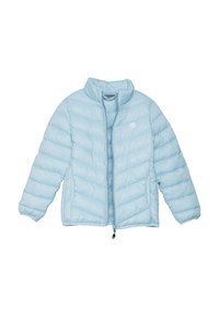 Helle blaue Daunenjacke mit hohem Kragen, Reißverschluss und horizontaler Steppung. Verfügt über ein gesticktes Logo auf der linken Seite.