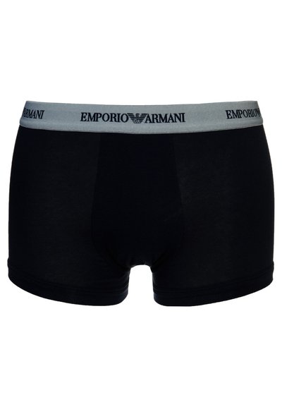 Svarte bomullsbokser med grå elastisk midjebånd som har "Emporio Armani"-logoen i svart. Glatt tekstur og tettsittende design.