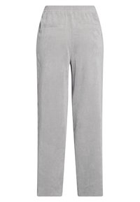 Helle graue Cord-Hosen mit einem elastischen Bund und zwei Gesäßtaschen mit Paspeln, von hinten auf einem weißen Hintergrund gezeigt.