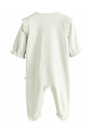 Dors-bien pour bébé vert clair en tissu doux, avec des manches courtes bouffantes ornées de volants et un motif à pois sur l'ensemble.