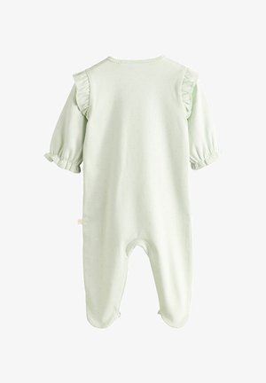Romper per neonati verde chiaro realizzato in tessuto morbido, con maniche a palloncino corte decorate da volant e un motivo a pois su tutto il capo.