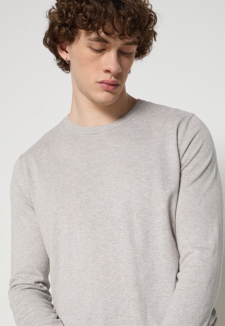 Hellgraues Langarmshirt mit Rundhalsausschnitt, aus weichem Stoff gefertigt. Verfügt über dezente Logo-Stickerei auf der Brust.