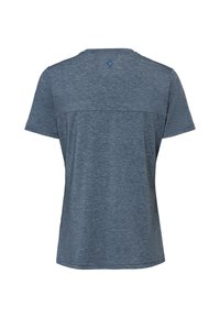 Vue arrière d'un t-shirt de sport à manches courtes gris bleuté chiné avec un petit logo bleu en haut au centre près de l'encolure.