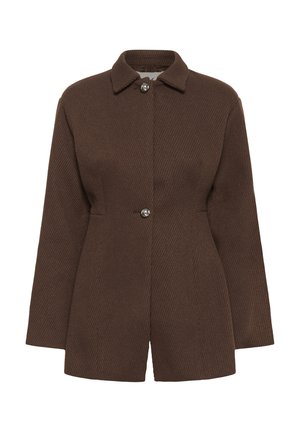 Brun, struktureret blazer med lange ærmer, krave og to frontmetalknapper, skræddersyet pasform og let taljering.