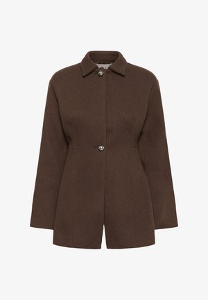 Brun, struktureret blazer med lange ærmer, krave og to frontmetalknapper, skræddersyet pasform og let taljering.