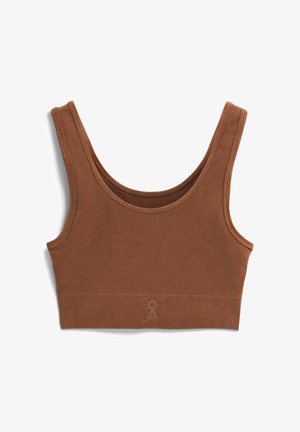 Bruine, naadloze sport-bh met brede bandjes, ronde halslijn en een getextureerde band. Gemaakt van zachte, rekbare stof voor comfort. Logo detail aan de zoom.