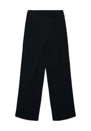 Schwarze Hosen mit weitem Bein, einem überlappenden Wickel-Frontpaneel und hoher Taille, gefertigt aus glattem, leichtem Stoff.