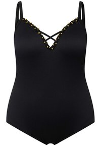 Maillot de bain une pièce noir avec texture côtelée, larges bretelles et accents dorés décoratifs le long du décolleté plongeant. Dispose d'un dos décolleté.