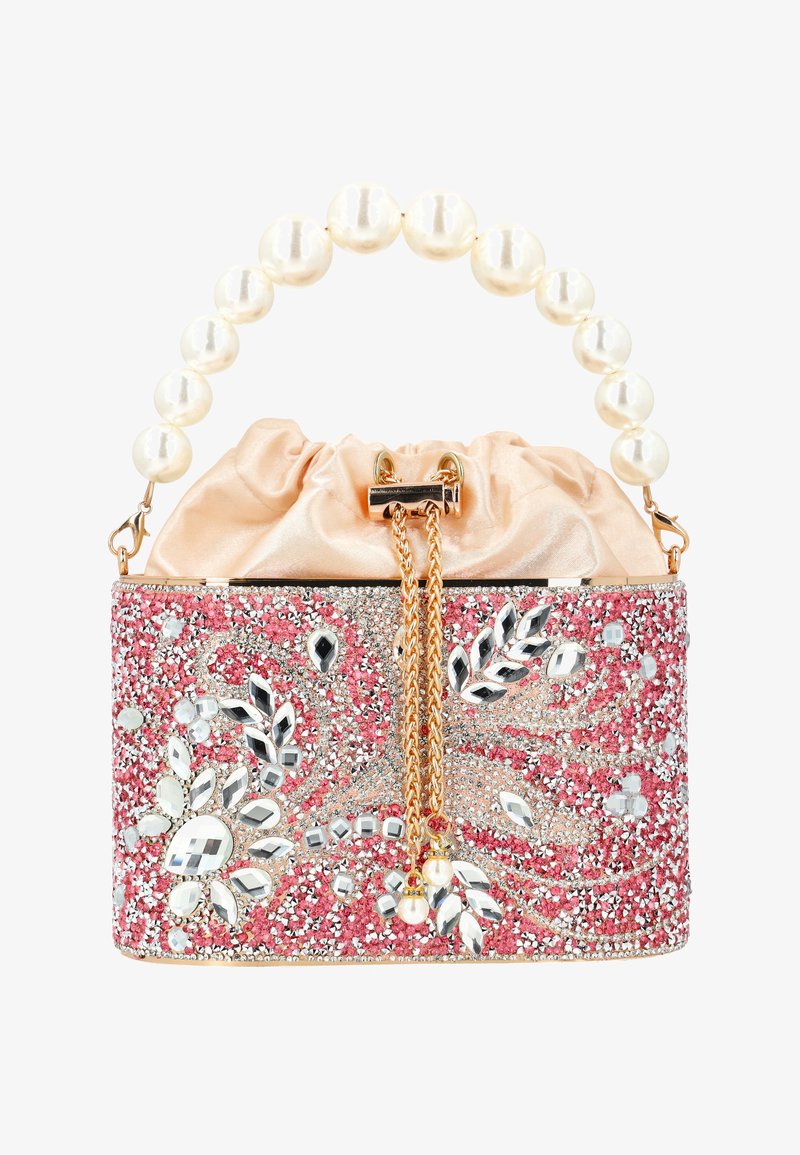 Kleine avondtas met roze en zilveren strass-steentjes, bloemmotieven van kristal, gouden kettingsluiting en handvat van parelmoer kraaltjes.