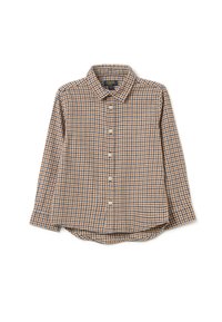 Geruite blouse met lange mouwen in bruin, blauw en wit. Heeft een klassieke kraag, knoopsluiting aan de voorkant en een gebogen zoom. Zachte, gestructureerde stof.