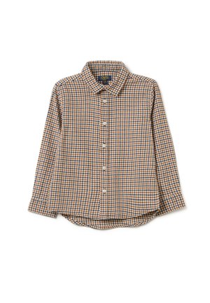 Geruite blouse met lange mouwen in bruin, blauw en wit. Heeft een klassieke kraag, knoopsluiting aan de voorkant en een gebogen zoom. Zachte, gestructureerde stof.
