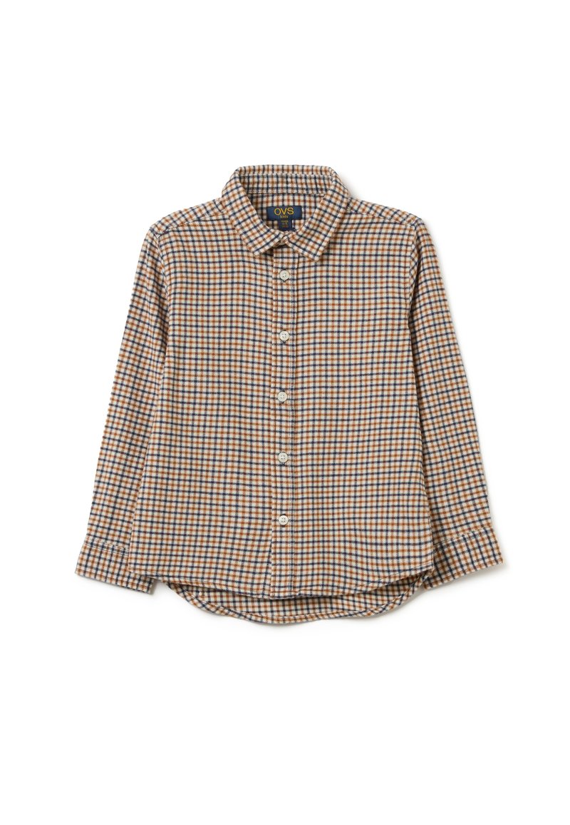 Geruite blouse met lange mouwen in bruin, blauw en wit. Heeft een klassieke kraag, knoopsluiting aan de voorkant en een gebogen zoom. Zachte, gestructureerde stof.