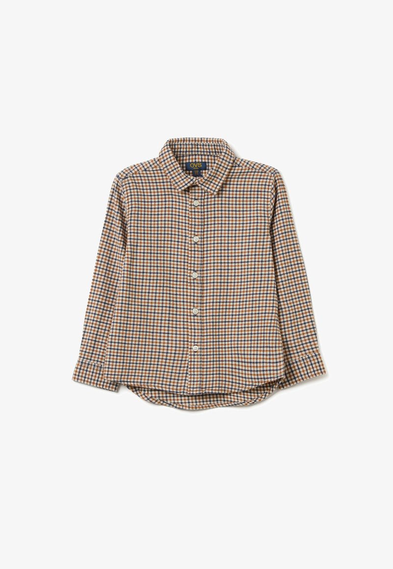 Geruite blouse met lange mouwen in bruin, blauw en wit. Heeft een klassieke kraag, knoopsluiting aan de voorkant en een gebogen zoom. Zachte, gestructureerde stof.