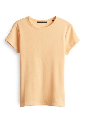 T-shirt à manches courtes en doux jaune pastel, avec un col rond et une coupe légèrement ajustée, confectionné dans un tissu léger et extensible.