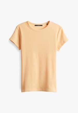 T-shirt à manches courtes en doux jaune pastel, avec un col rond et une coupe légèrement ajustée, confectionné dans un tissu léger et extensible.