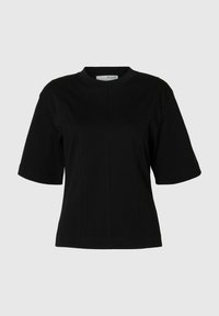 Zwarte t-shirt met korte mouwen, rond decolleté, rechte snit en details in de naden aan de voorkant. Gemaakt van zacht katoen.