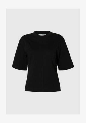 Must have mustavärviline lühikese varrukaga T-särk, millel on ümar kaelus, sirge lõige ja eesmine õmblusdetail. Valmistatud pehmest puuvillast kangast.