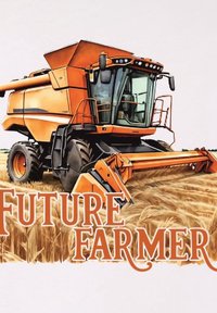 Pomarańczowy kombajn zbożowy z dużą, zakrzywioną głowicą, czarnymi kołami i szklaną kabiną. Tekst poniżej brzmi "PRZYSZŁY ROLNIK" w pomarańczowej czcionce.