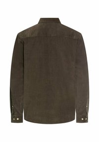 Ciemnozielona koszula z kordurowego materiału z juketą, zapięciem na guziki przy mankietach i standardowym kołnierzykiem. Teksturowany materiał z pionowymi prążkami.