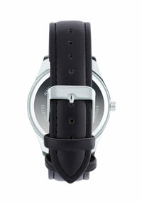 Black leather strap watch with silver hardware, circular face, and a smooth finish, showcasing a classic minimalist design.