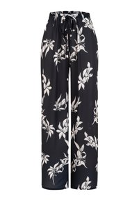 Pantalones negros de pierna ancha con estampado floral blanco y cintura elástica con cordón negro delantero.