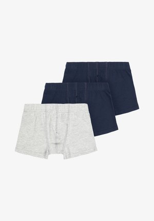 Drie paar herenboxershorts in grijs en twee tinten marineblauw. Gemaakt van zachte katoen, met elastische taillebanden en een klassieke snit.